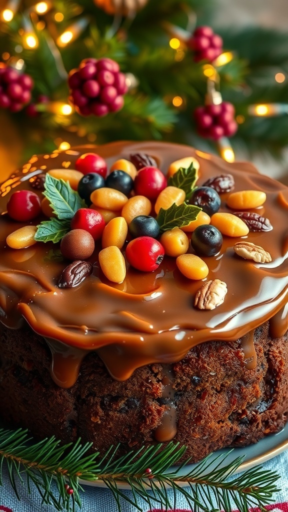 A festive Christmas fruit cake topped with candied fruits and nuts, surrounded by holiday decorations.